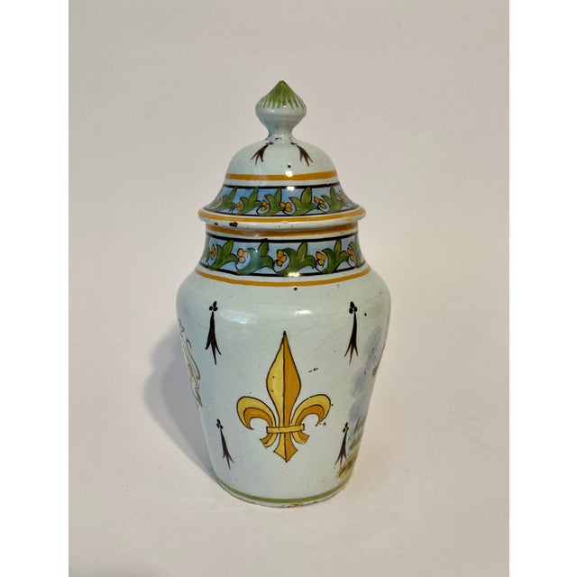 Antique French Faience Desvres Lidded Jar With Breton & Fluer De Lys For Sale - Image 4 of 10