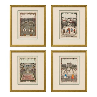 1970s Cuca Romley Four Seasons Set of 4 Signed Hand-Colored Etchings Framed For Sale