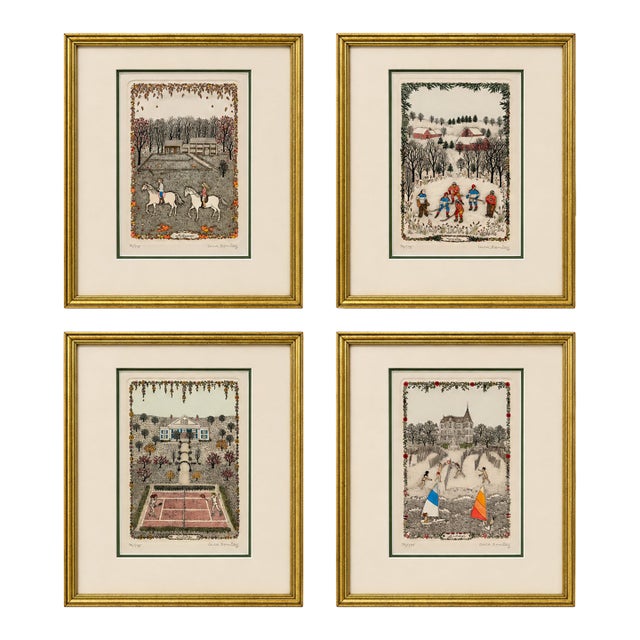1970s Cuca Romley Four Seasons Set of 4 Signed Hand-Colored Etchings Framed For Sale