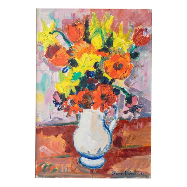 Charles Badoisel, French Expressionist Floral Still Life Flowers in a White Pitcher, 1967, Oil on Canvas, Framed For Sale
