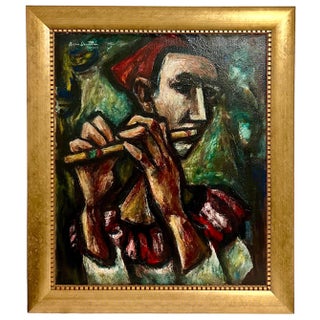 Boris Deutsch, 1947 Expressionist Oil Painting Flute Player Musician Boris Deutsch WPA Artist, 1947 For Sale