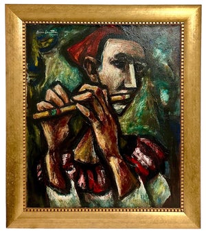 Boris Deutsch, 1947 Expressionist Oil Painting Flute Player Musician Boris Deutsch WPA Artist, 1947