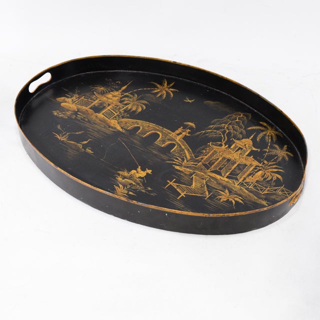 Vintage Black and Gold Chinoiserie Lacquerware Serving Tray For Sale - Image 11 of 14