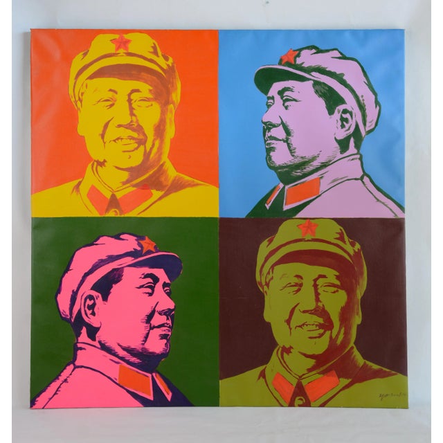 Red Andy Warhol Style Pop Art Mao Zedong Oil on Canvas For Sale - Image 8 of 8