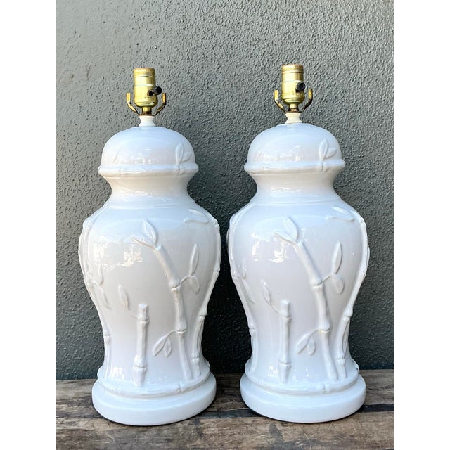 Vintage Glazed Ceramic Bamboo Lamps - A Pair For Sale - Image 11 of 12