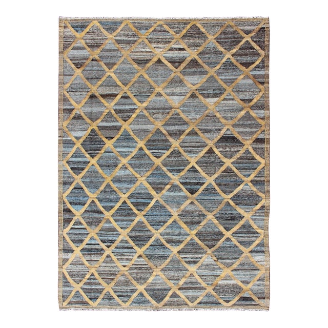 Keivan Woven Arts Flat-Weave Kilim in Diamond Gold Design With Blue and Charcoal For Sale