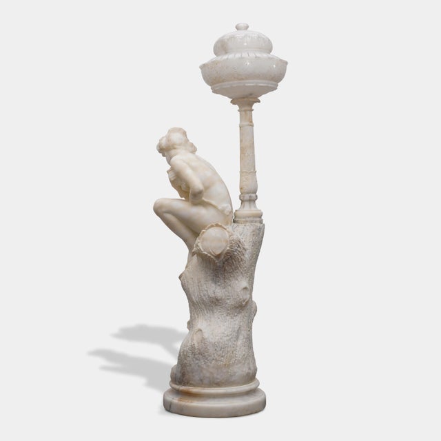 Alabaster Pair of Monumental Antique Italian Carved Alabaster Venus & Cupid Figural Torchiere Lamps on Black Marble Pedestals For Sale - Image 8 of 12