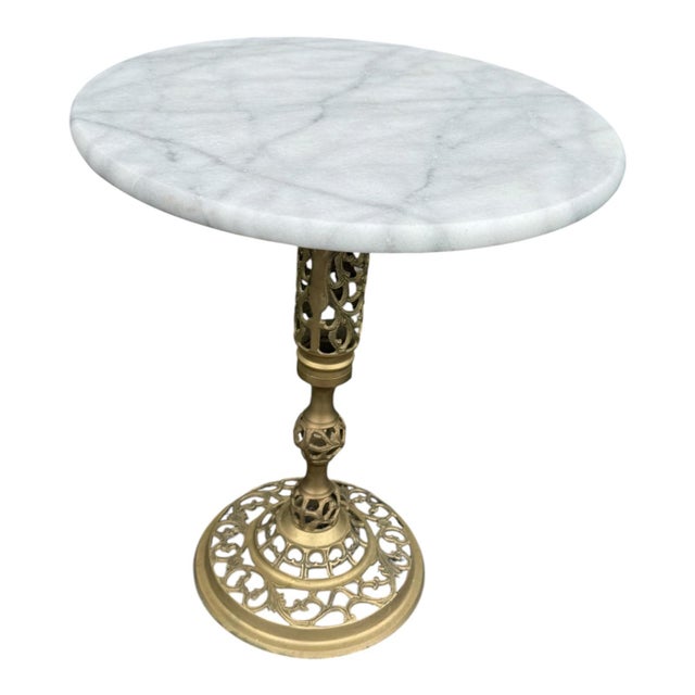 1950s Vintage Hollywood Regency Round Blue Marble Top Brass Pedestal Side Table For Sale - Image 5 of 8