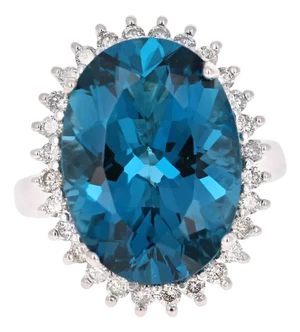 14.19 Carat Blue Topaz Diamond White Gold Cocktail Ring, Size 6