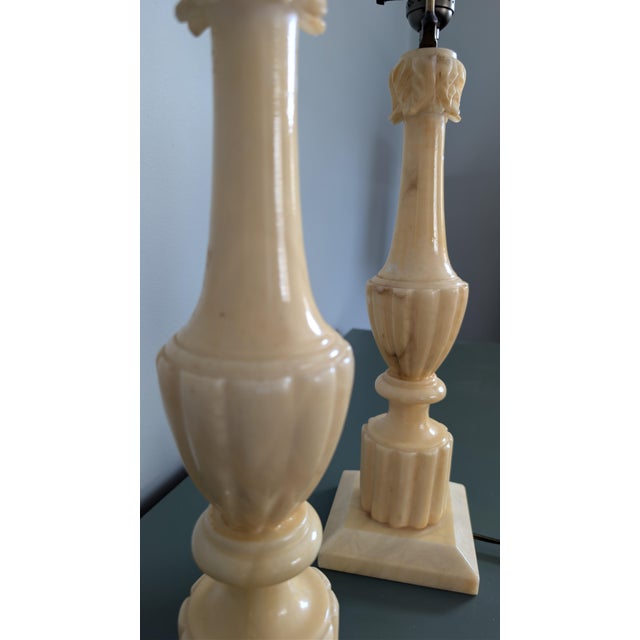 Vintage Alabaster Table Lamps Italian Neoclassical Style With Acanthus Carving - Pair For Sale - Image 12 of 14