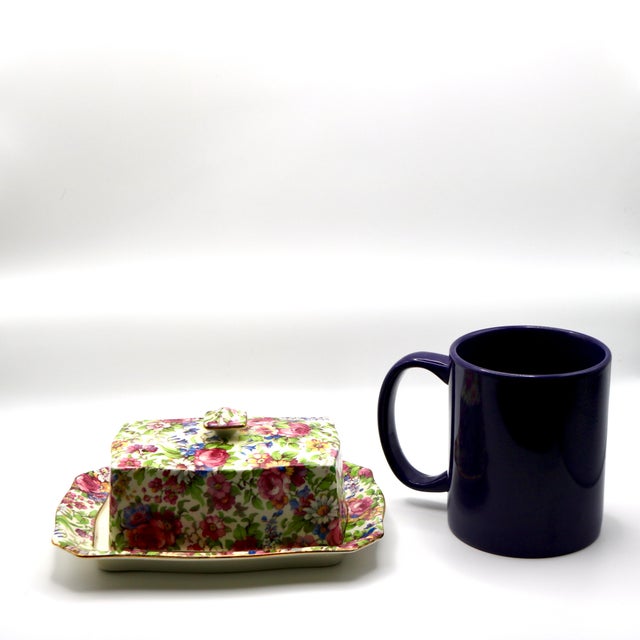 Royal Blue 1930s Royal Winton Grimwades "Summertime" Chintz Covered Butter Dish For Sale - Image 8 of 9