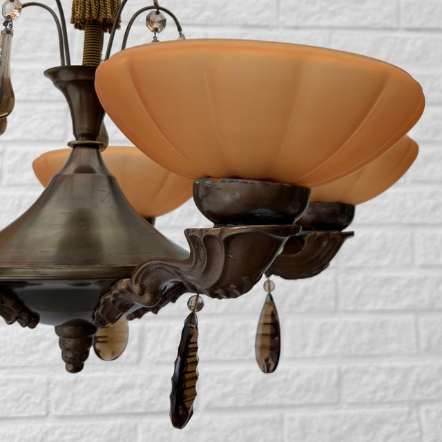 5-Arm Chandelier in Brass and Havana Glass, Sweden, 1930s For Sale - Image 4 of 10
