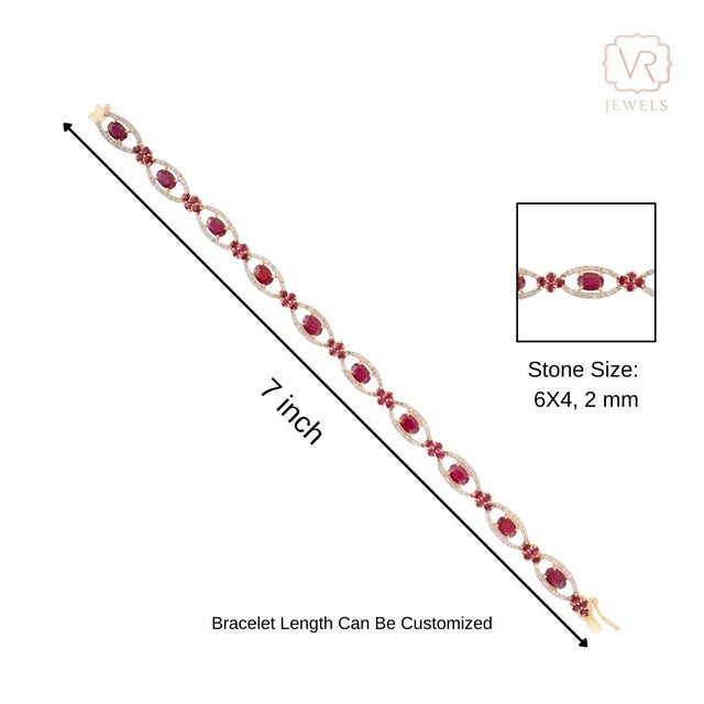 VRJewels Retro-Style 6.93 Ct Natural Ruby & Diamond Floral Link Bracelet in 14k Gold For Sale - Image 9 of 13