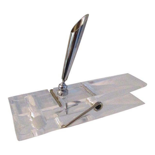 1970s Oversized Lucite Clothespin Pen & Paper Holder For Sale
