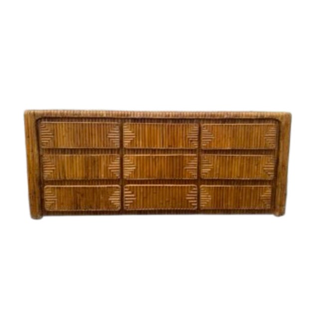 1970's Waterfall Rattan 9 Drawer Long Chest Style of Gabriella Crespi with original finish that has mellowed to a rich...