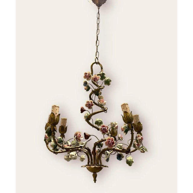 Ceramic Italian Tole Ceramic Flower Chandelier, 1960s For Sale - Image 7 of 8