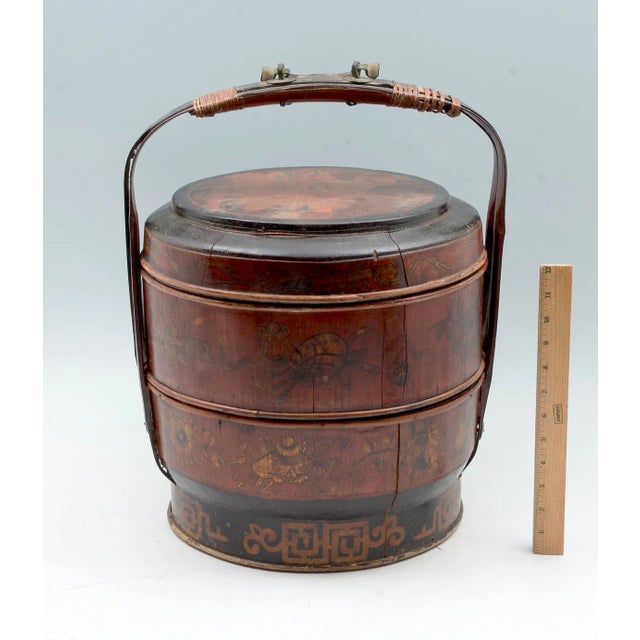 Large Antique Chinese Tiered Storage Box or Basket, Sewing Box, Hand Decorated & Signed With Auspicious Objects For Sale In Tampa - Image 6 of 12