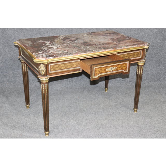 19th C French Louis XVI Child's Bronze Ormolu Marble Parquetry Desk For Sale - Image 12 of 18
