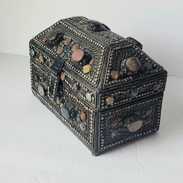 Vintage Agate Inlaid Moroccan Jewelry Box Box measures approx 7" long x 4.25" deep x 6" tall Black velvet lined interior...