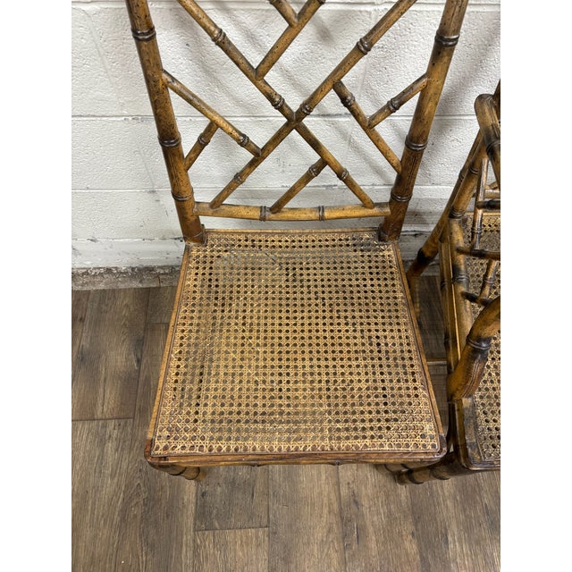 Brown Vintage Chinese Chippendale Rattan Faux Bamboo Cane Seat Chairs For Sale - Image 8 of 12