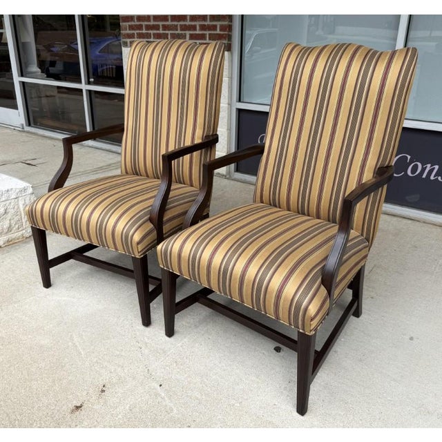 Neoclassical Pair of Ethan Allen High Back Arm Chairs With Striped Upholstery For Sale - Image 3 of 16