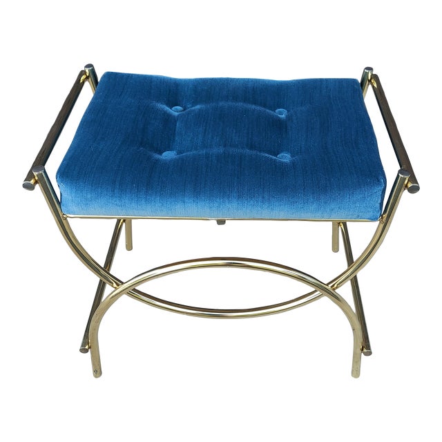 1960s Vintage Mid Century Blue Tufted/ Gold Metal Frame Vanity Bench by Kock Original Style For Sale