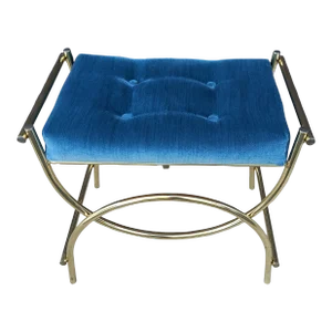 1960s Vintage Mid Century Blue Tufted/ Gold Metal Frame Vanity Bench by Kock Original Style