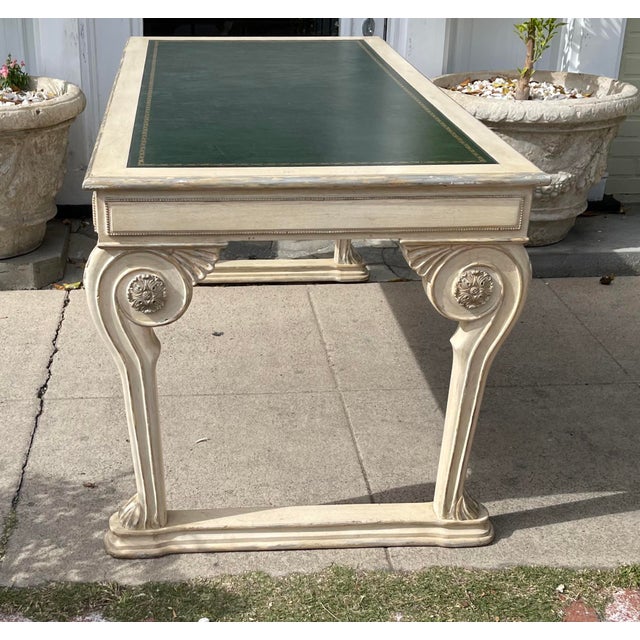 Dennis & Leen Regency Style Dennis & Leen Green Leather Top White & Silver Writing Table Desk For Sale - Image 4 of 6