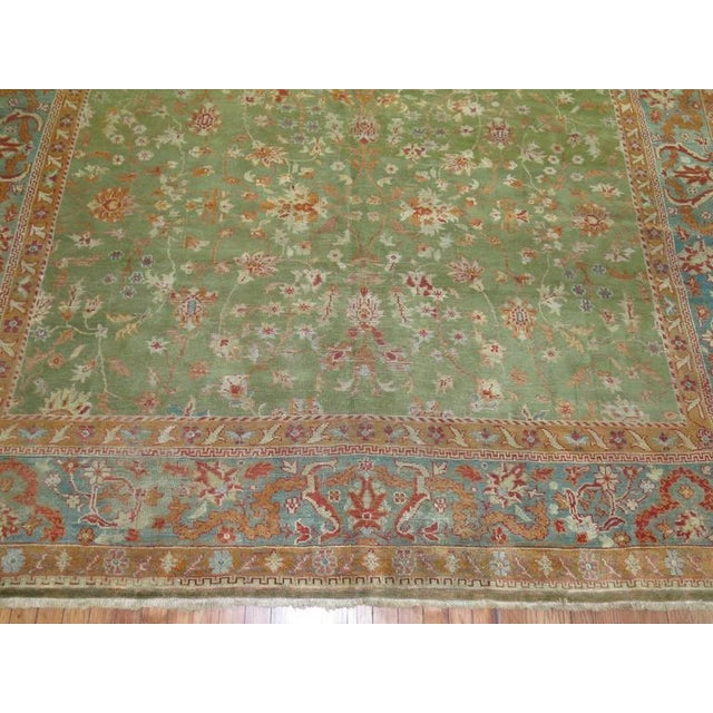 Rustic Antique Zabihi Collection Green Turkish Oushak Rug For Sale - Image 3 of 6