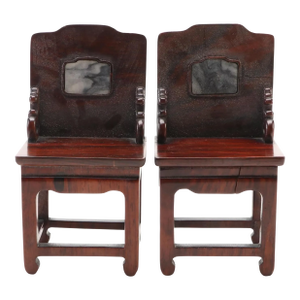 Miniature Antique 19th Century Chinese Rosewood Chairs With Marble Scholar Tablet Inserts - A Pair