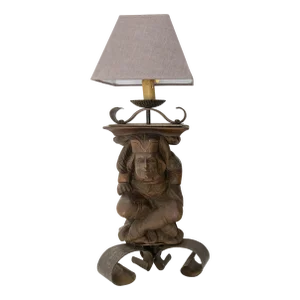 Gargoyle Table Lamp in Wood & Wrough Iron attributed to J M Rothschild, France, 1960s