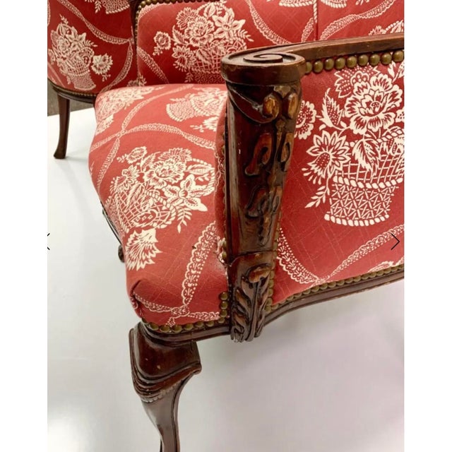 French Antique French Carved Mahogany Wing Chairs in Schumacher Fabric, Pair For Sale - Image 3 of 4
