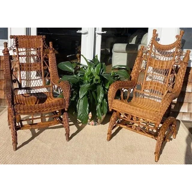 Traditional A Pair of American Antique Woven Wicker Rocking Chairs For Sale - Image 3 of 12