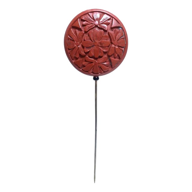 1920s Antique Hand Carved Chinese Cinnabar Hatpin For Sale