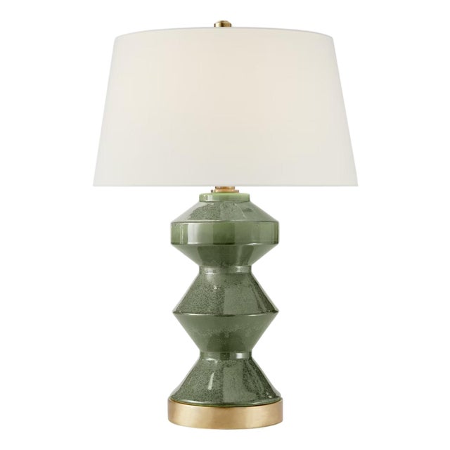 Chapman & Myers by Visual Comfort Signature Weller Zig-Zag Table Lamp in Shellish Kiwi with Linen Shade For Sale