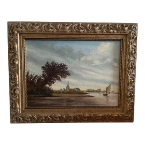 Framed Flemish Oil on Board depicting Shore of the Bay, 19th Century