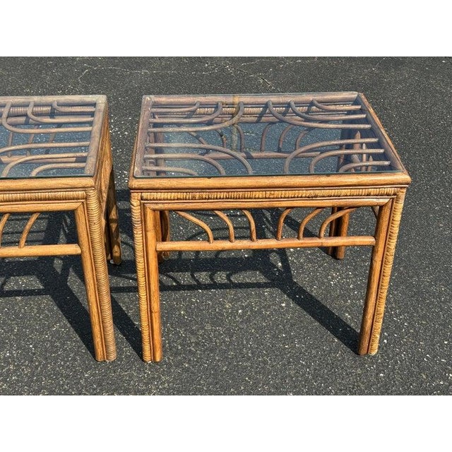 Wood Pair of Rattan Bamboo End Tables Attributed to Brown Jordan For Sale - Image 7 of 12