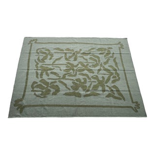 Handmade Woolen Flat Weave Geometric Floral Patterned Mint Green Area Rug - 6.5'x9' For Sale