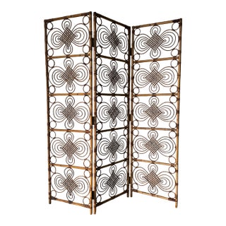 1970’s Vintage Coastal Bamboo & Rattan Three-Panel Folding Screen For Sale