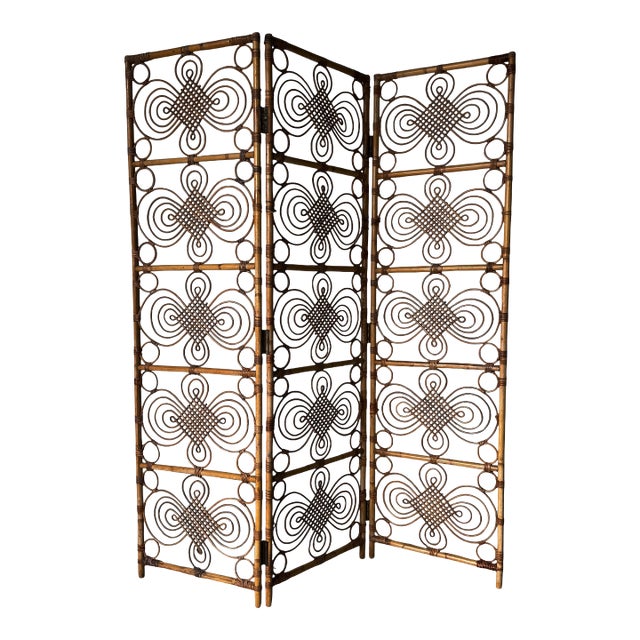 1970’s Vintage Coastal Bamboo & Rattan Three-Panel Folding Screen For Sale