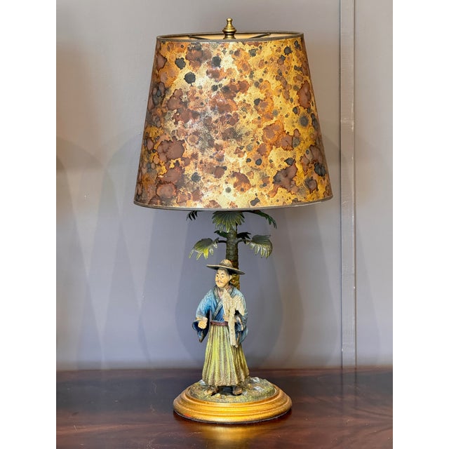 Pair of Cold Painted Bronze Figural Lamps With Mottled Paper Shades For Sale - Image 6 of 16