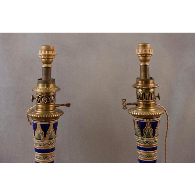 Electrified Kerosene Lamps in Glazed Earthenware with Gilt Bronze Mounts and Geometric Decor from Longwy, Late 19th Century, Set of 2 For Sale - Image 13 of 14