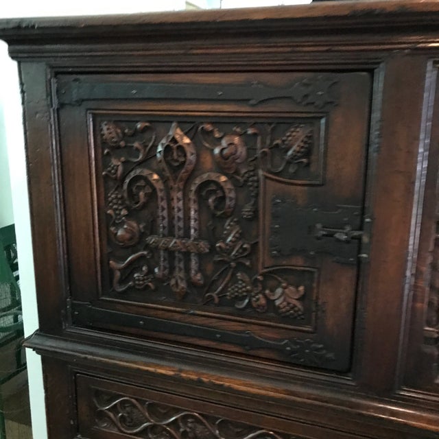 Metal French Breton Carved Oak Carved China Cupboard For Sale - Image 7 of 9