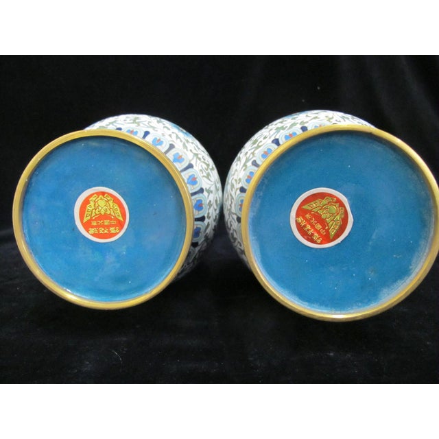 Large Chinese White Enamel Cloisonne Colorful Flower Vase Pair For Sale - Image 14 of 14
