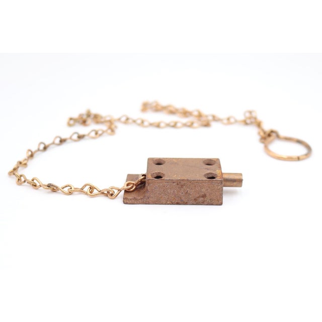 Traditional Olde New Brass Plated Steel Spring Bolt Cabinet Latch With Chain For Sale - Image 3 of 8