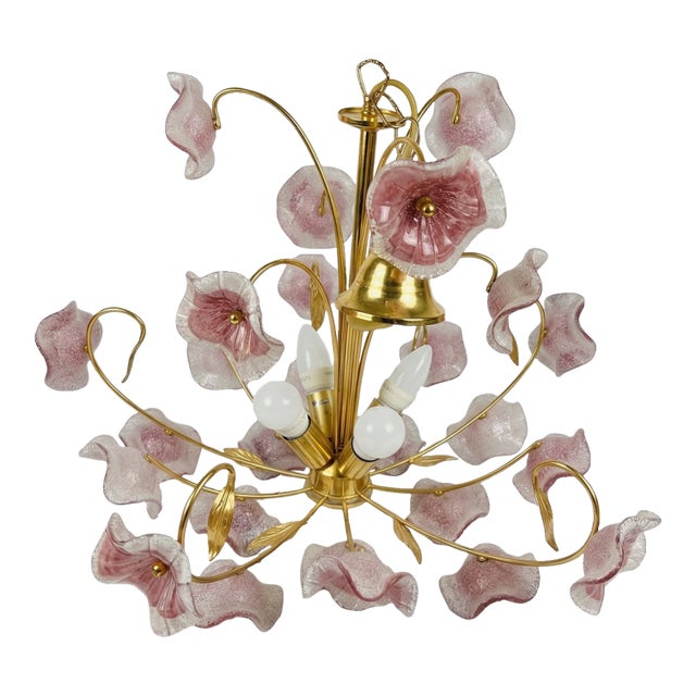 1970s Mid-Century Modern Pink Murano Glass Floral Petal Chandelier For Sale