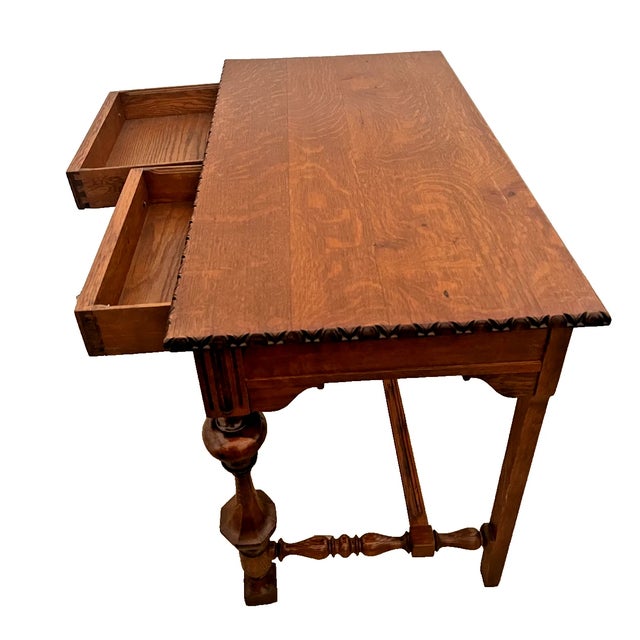 1900 - 1909 Early 20th Century Victorian Style Desk Two Drawers Quarter Sawed Tiger Oak Petite Size Hand Carved Top For Sale - Image 5 of 11