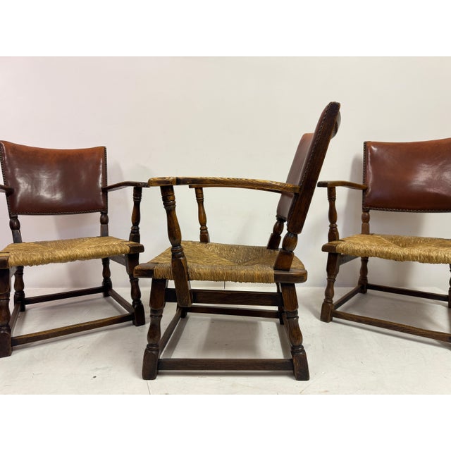 Oak Armchairs with Rush and Leather Seats, 1940s, Set of 3 For Sale - Image 4 of 16