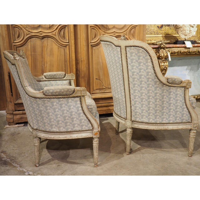 Rare Pair of Period French Louis XVI His and Hers Bergère Armchairs, Circa 1780 For Sale - Image 4 of 12