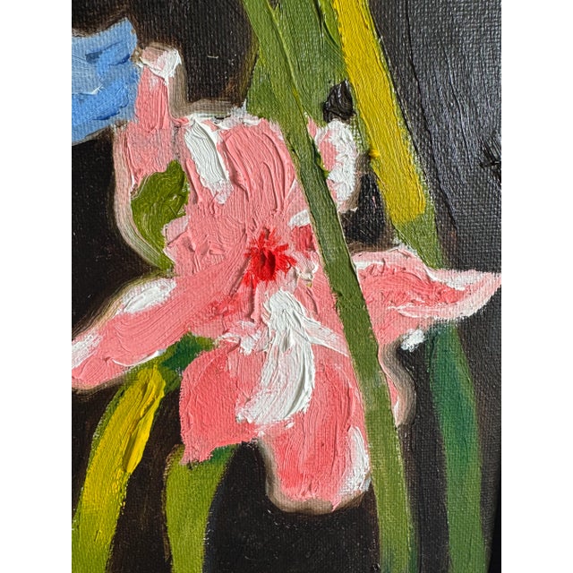 "Irises in Fading Light" is rendered on an 8" x 8" canvas and measures 9" x 9" including modern floater frame. It is a...